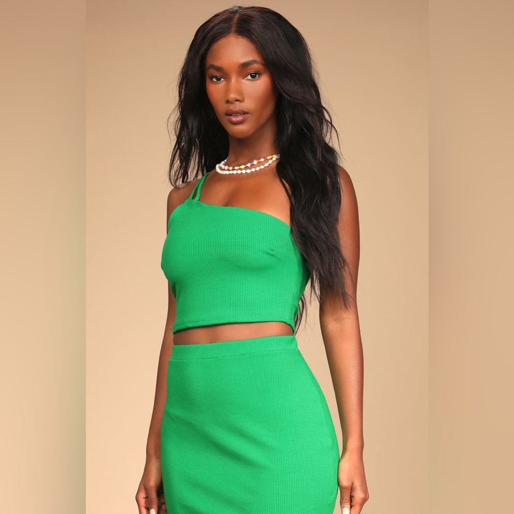 Lulu’s Twice as Stunning Bright Green One-Shoulder Two-Piece Mini Dress XS